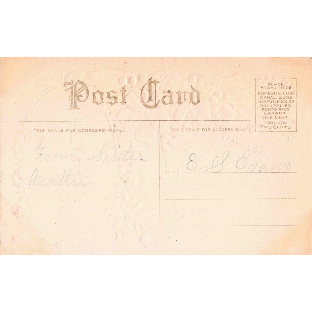 Vintage Embossed Christmas Postcard Winter Scene Holly Pink Flowers Mattie VG - Picture 2 of 2
